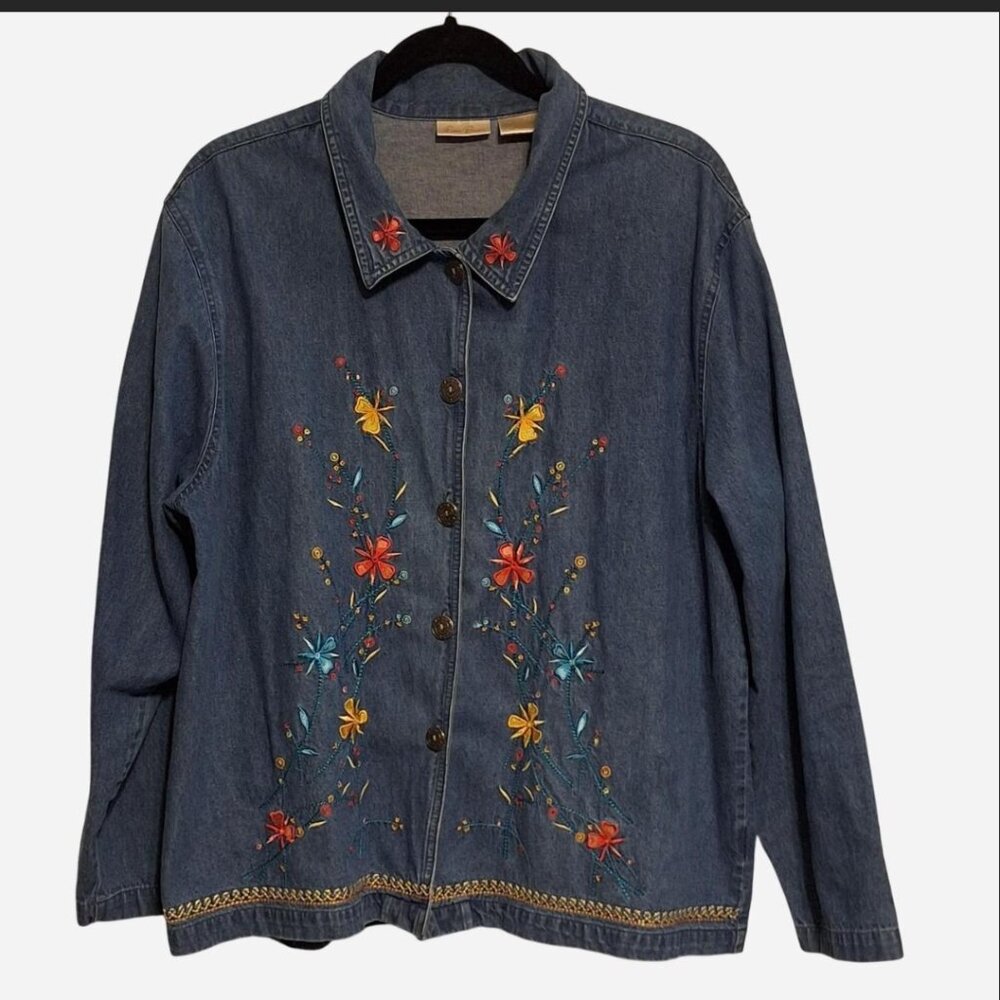 Women’s denim shacket by Bobbie Brooks, floral embroidery. Size 16/18